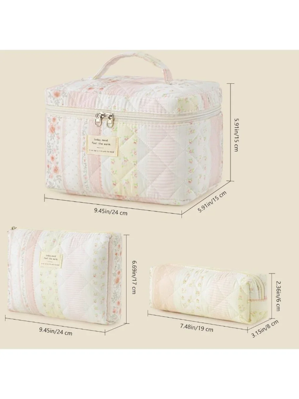 3-Piece Quilted Travel Makeup Bag Set - Large Cotton Organizer for Cosmetics